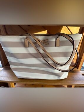 kate spade Taupe & White Striped Tote with Bow Accent